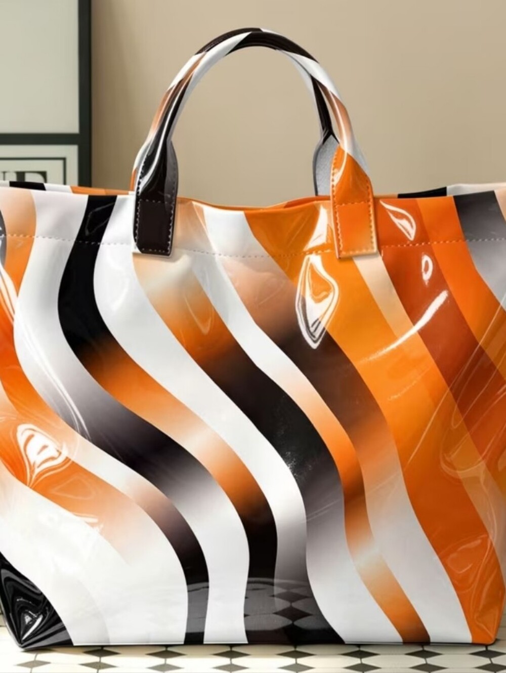 Orange Wavy Shoulder Bag Large Tote Bag (12"H X 17"L) - Picture 2 of 2